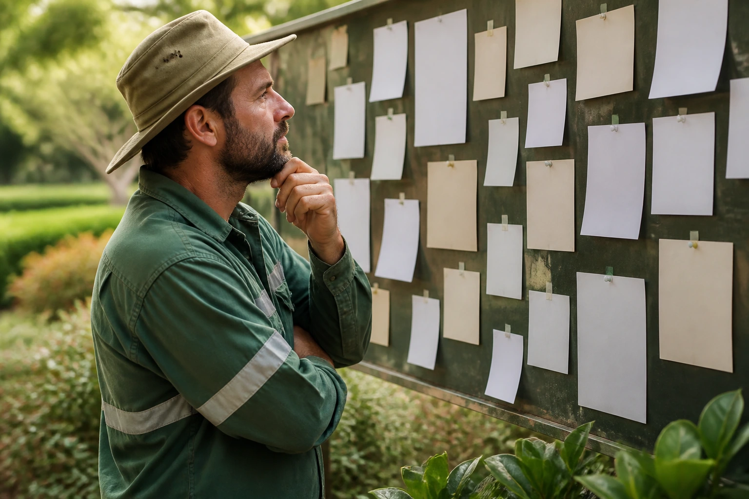 Gardener outdoors in front of a board of job postings with blank notes suggesting sponsorship ads