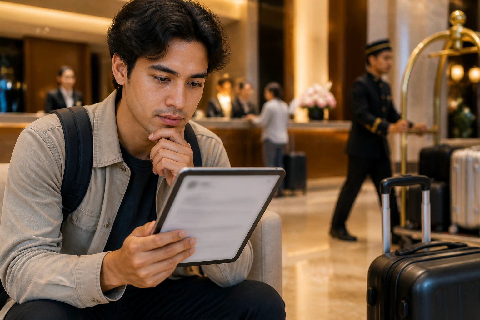 Candidate evaluating a job posting for sponsorship in a hotel lobby.