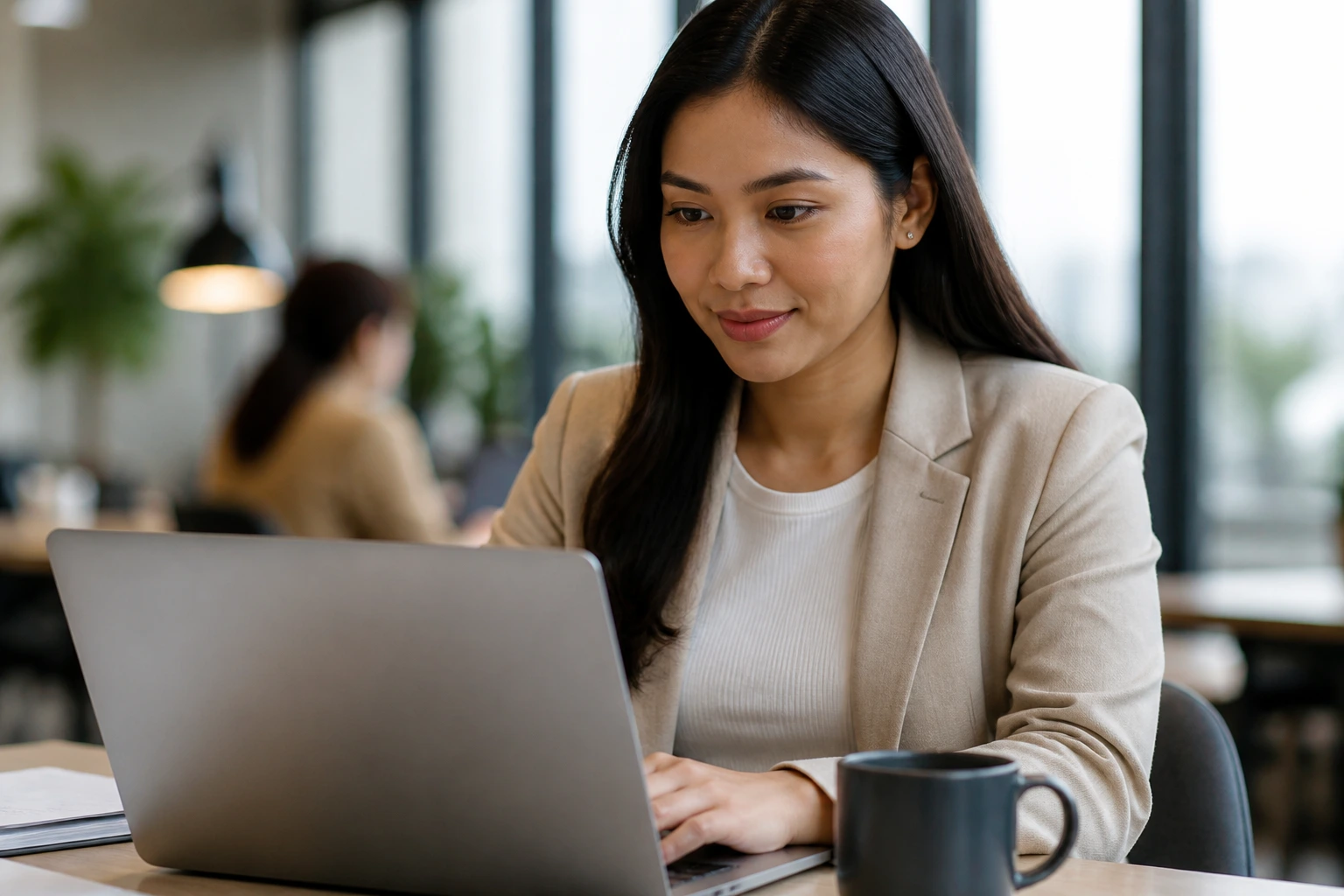 Person searching for sponsorship vacancies at a laptop in a coworking space