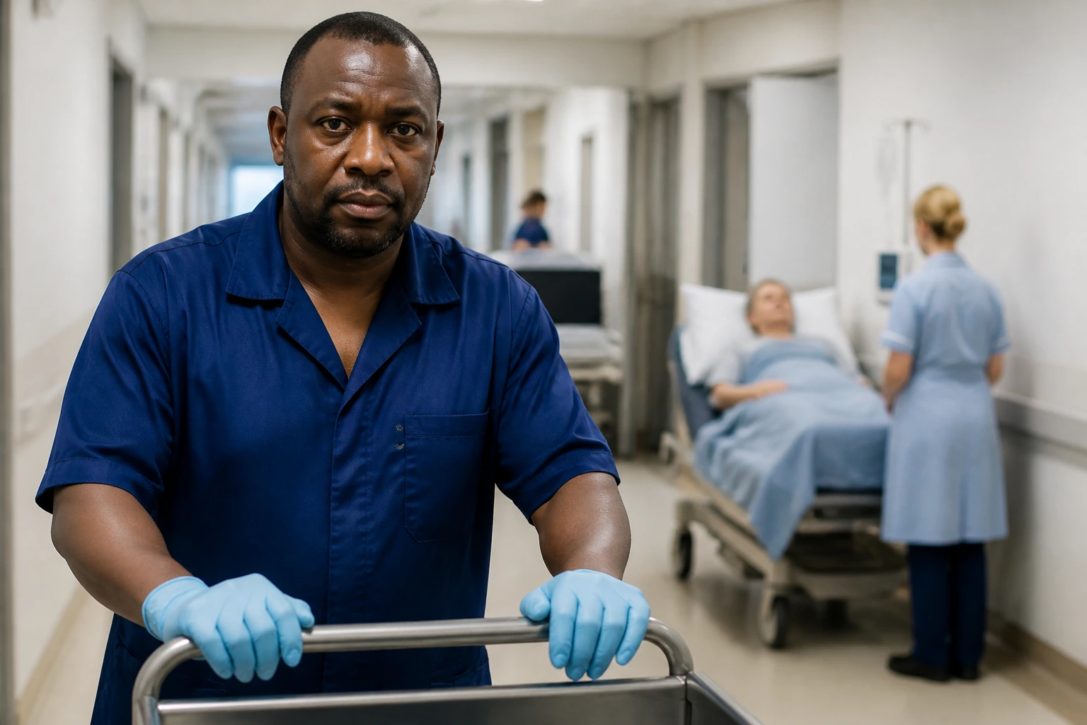 Porter in uniform with a serious expression in a hospital corridor