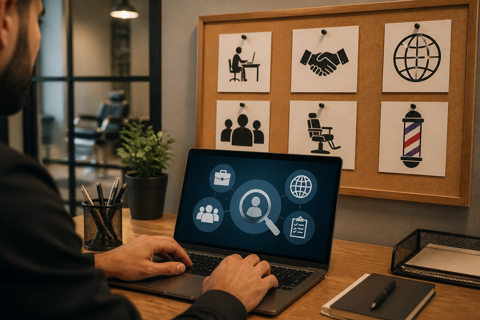 Hands on laptop with abstract icons on a corkboard in a barber sponsorship context