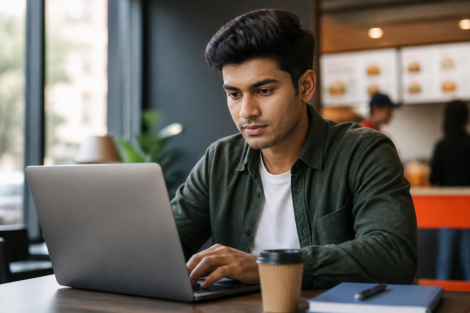 Candidate at a desk looking at job postings in a recruitment setting
