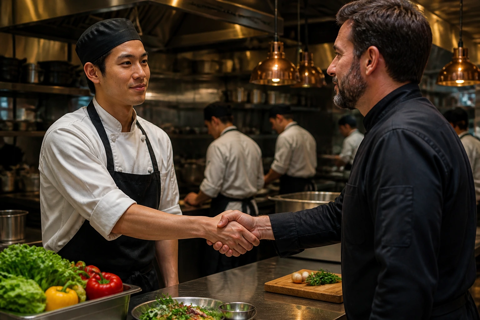Close-up handshake between foreign cook and kitchen manager in a busy restaurant kitchen