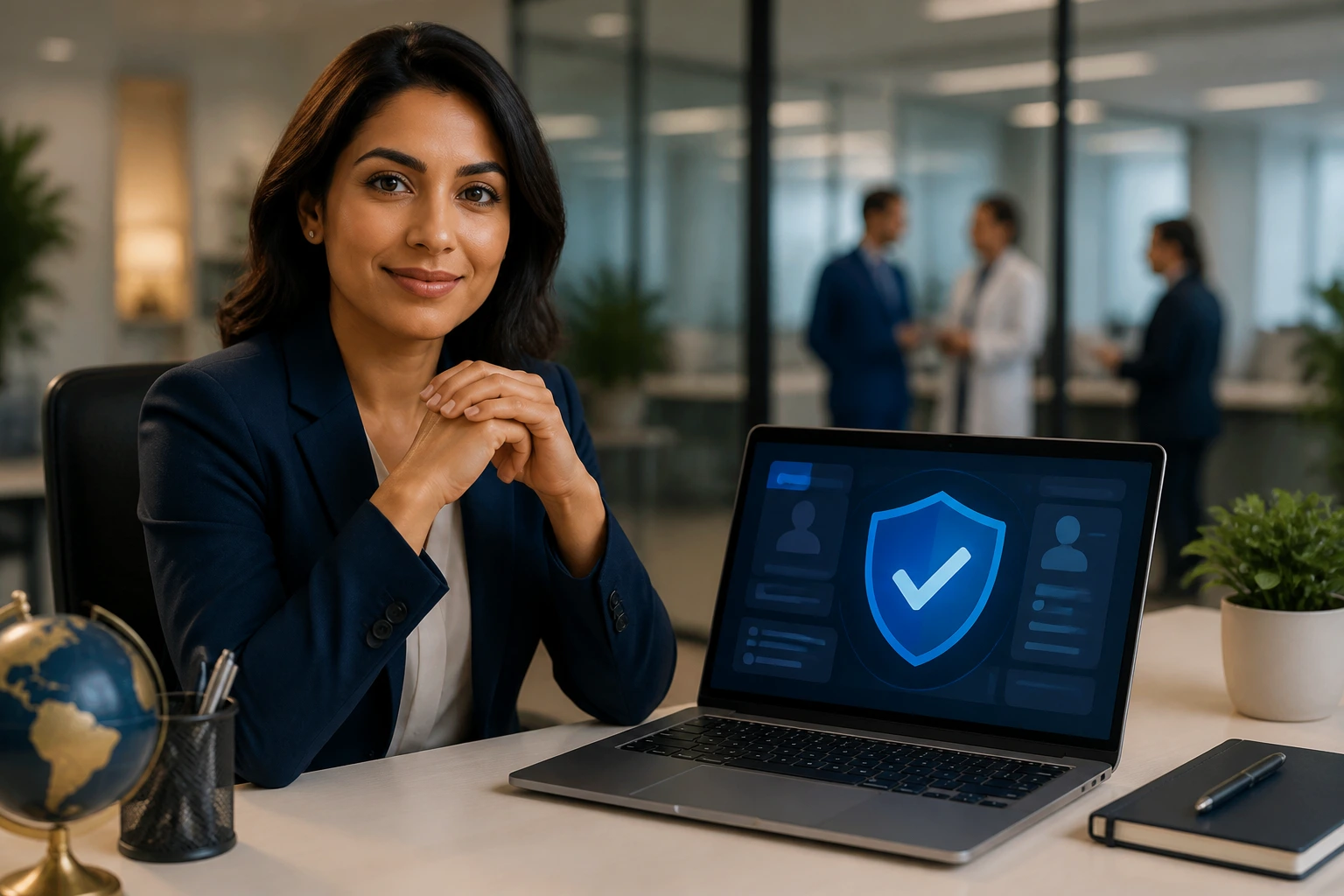 HR professional examining sponsorship status on a laptop