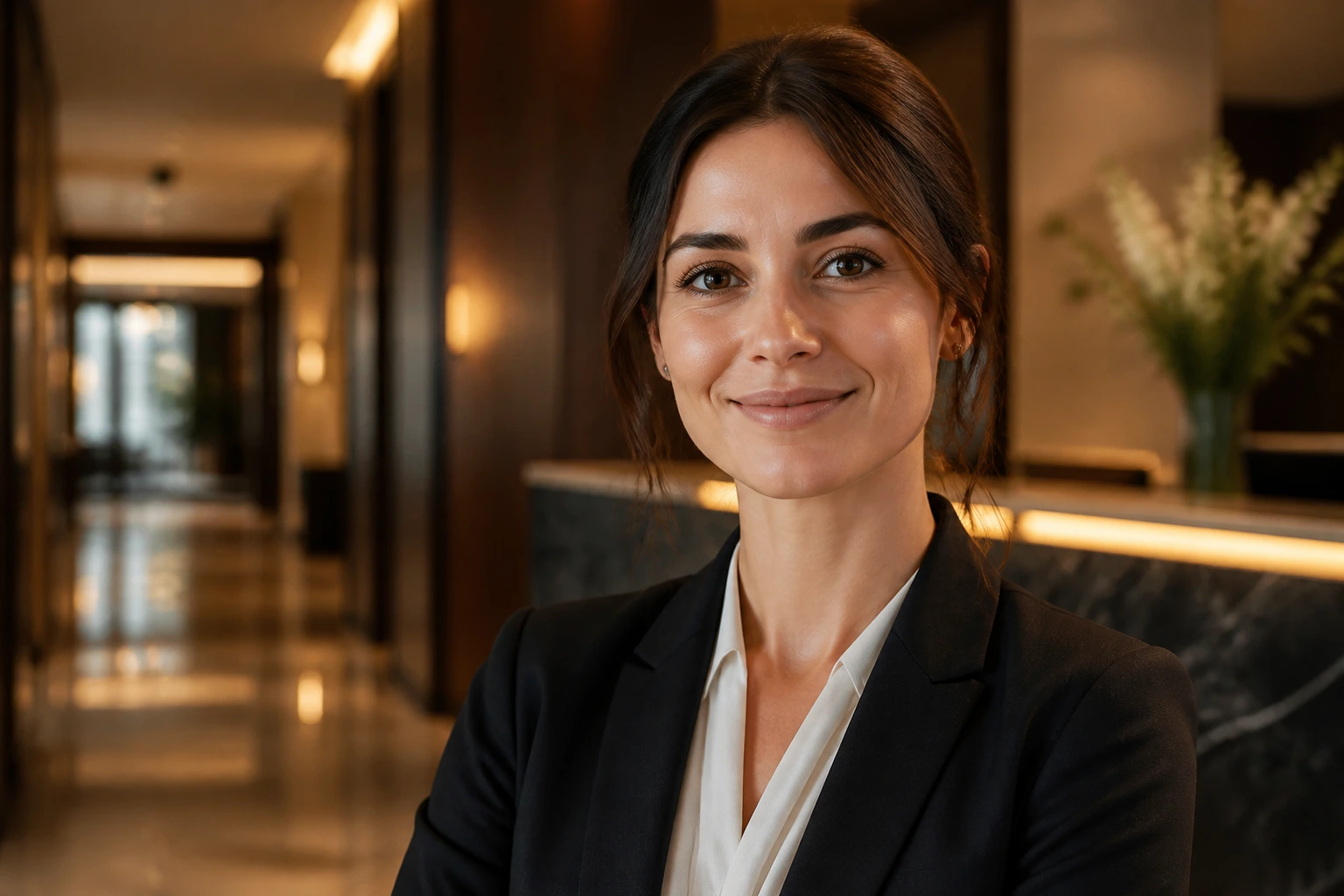 HR professional in a modern hotel setting, illustrating sponsorship licensing