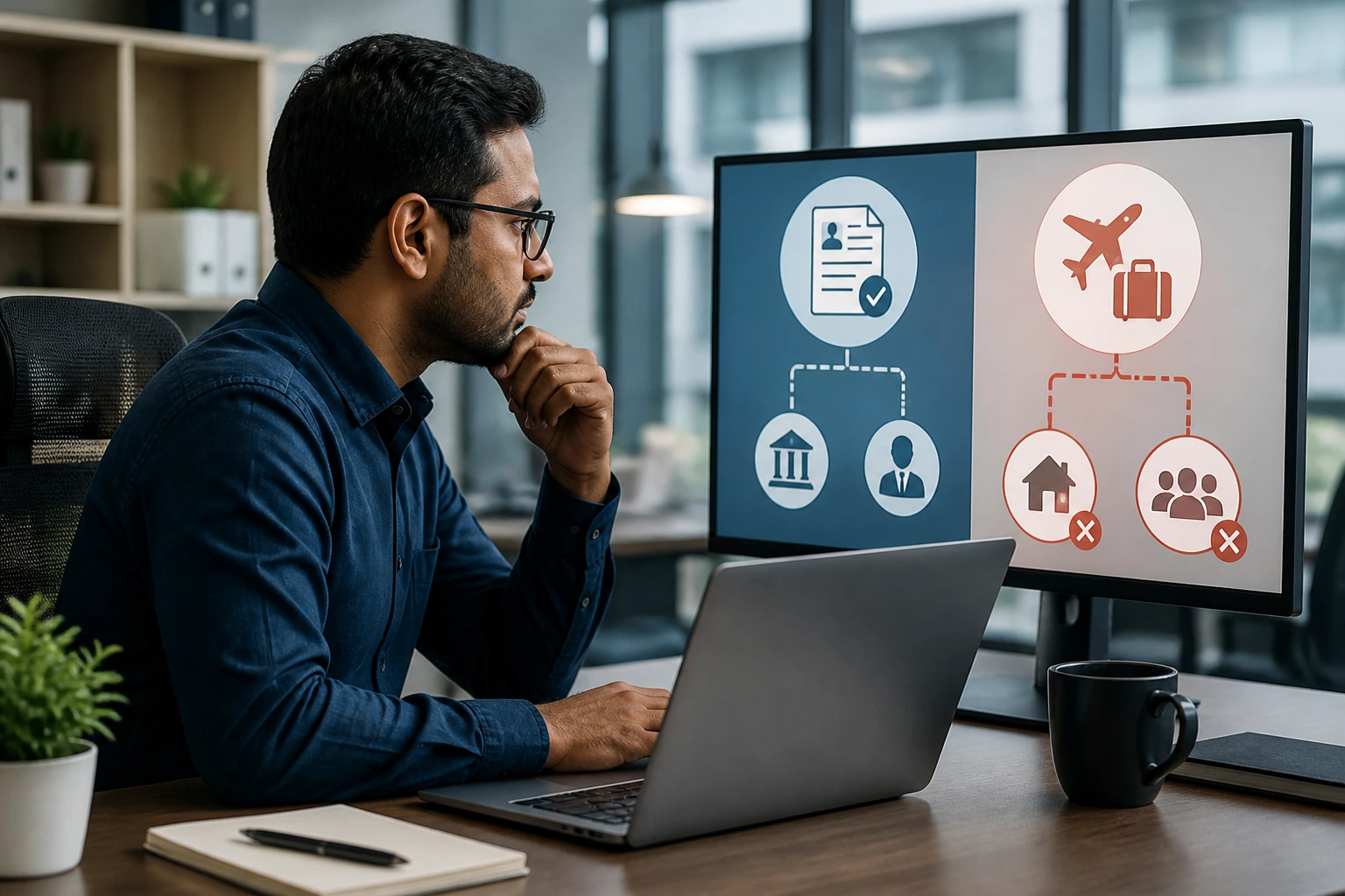 Person at desk representing sponsorship processes with abstract icons