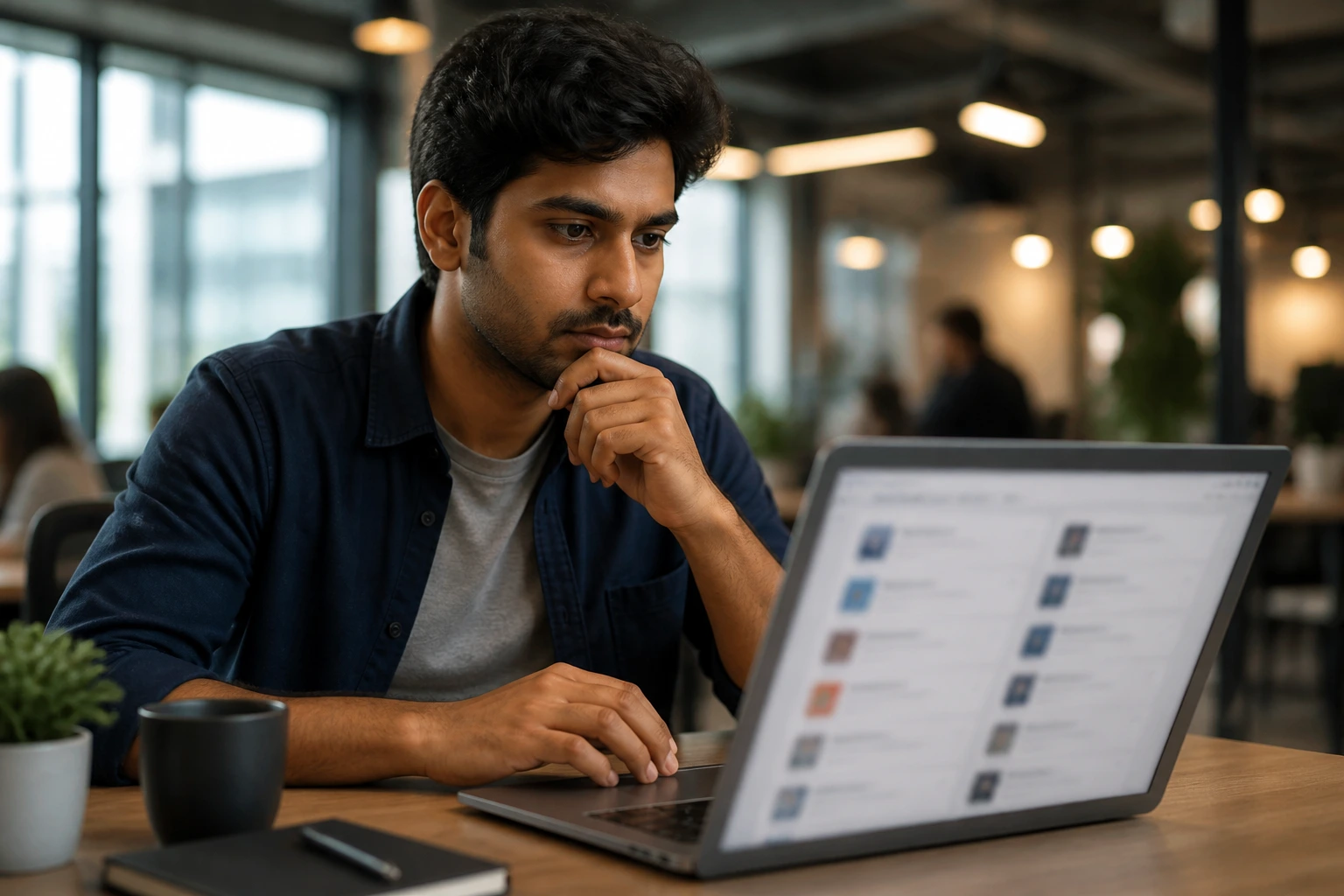 Person looking at laptop in coworking space, listings implied by blurred screen