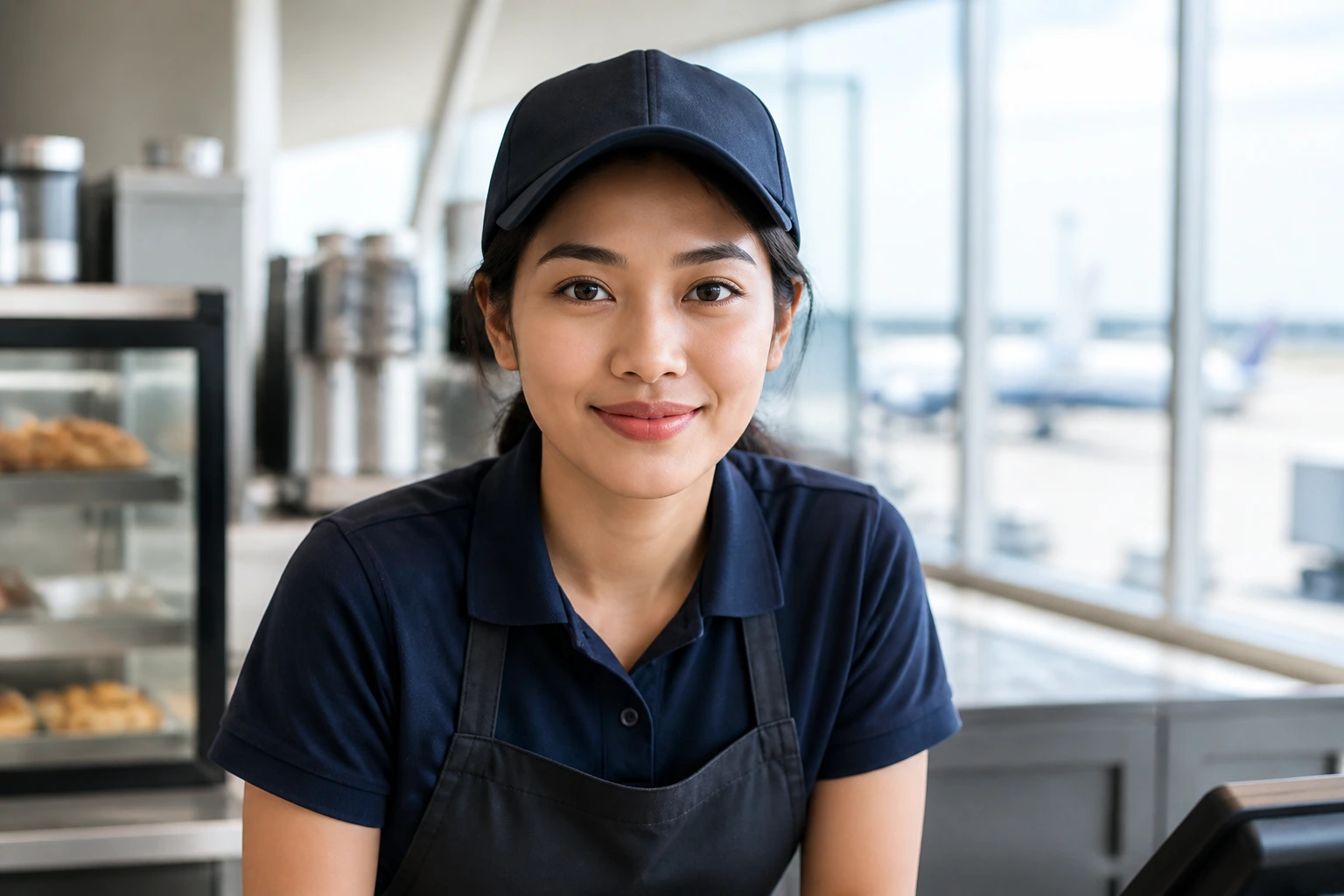 Close-up of an airport concession worker at a clean counter, implying sponsorship worthy locations.