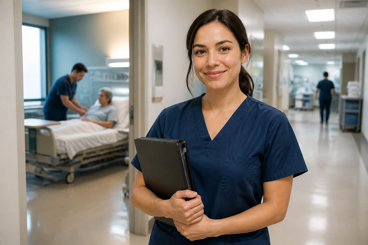 Physical therapist in a hospital corridor signaling sponsorship context