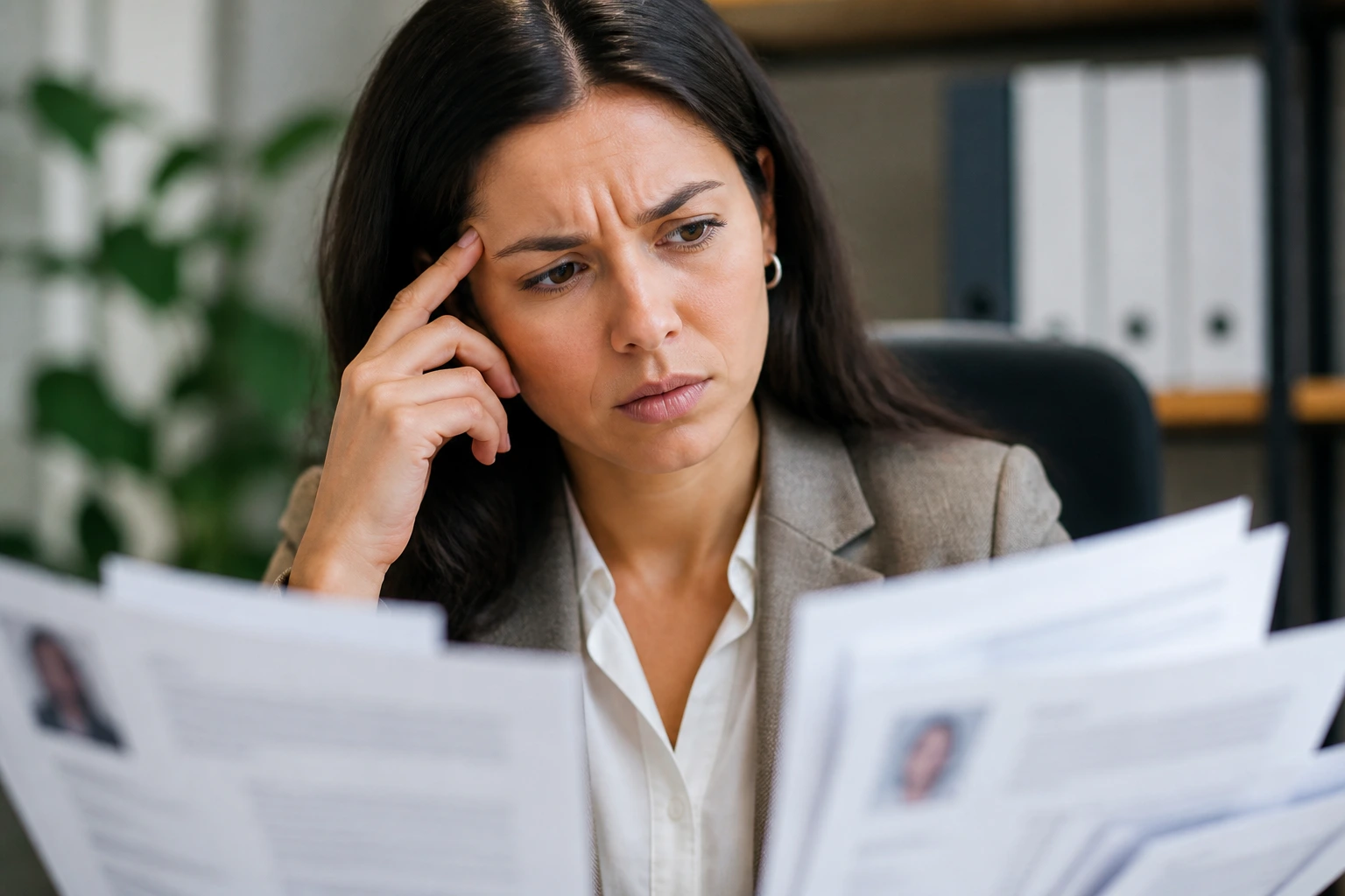 Portrait of a candidate in a recruitment setting with blurred resumes in the background