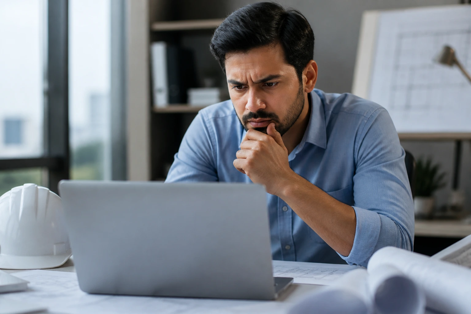 Close-up of civil engineer in office contemplating sponsorship strategy