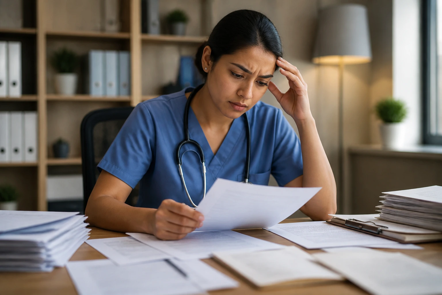 ICU nurse at desk with documents, representing sponsorship delays