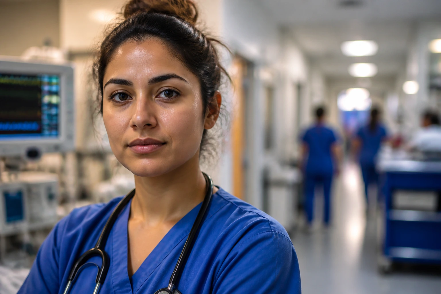Close-up of a nurse in scrubs in a hospital corridor, depicting sponsorship reality without visible text.