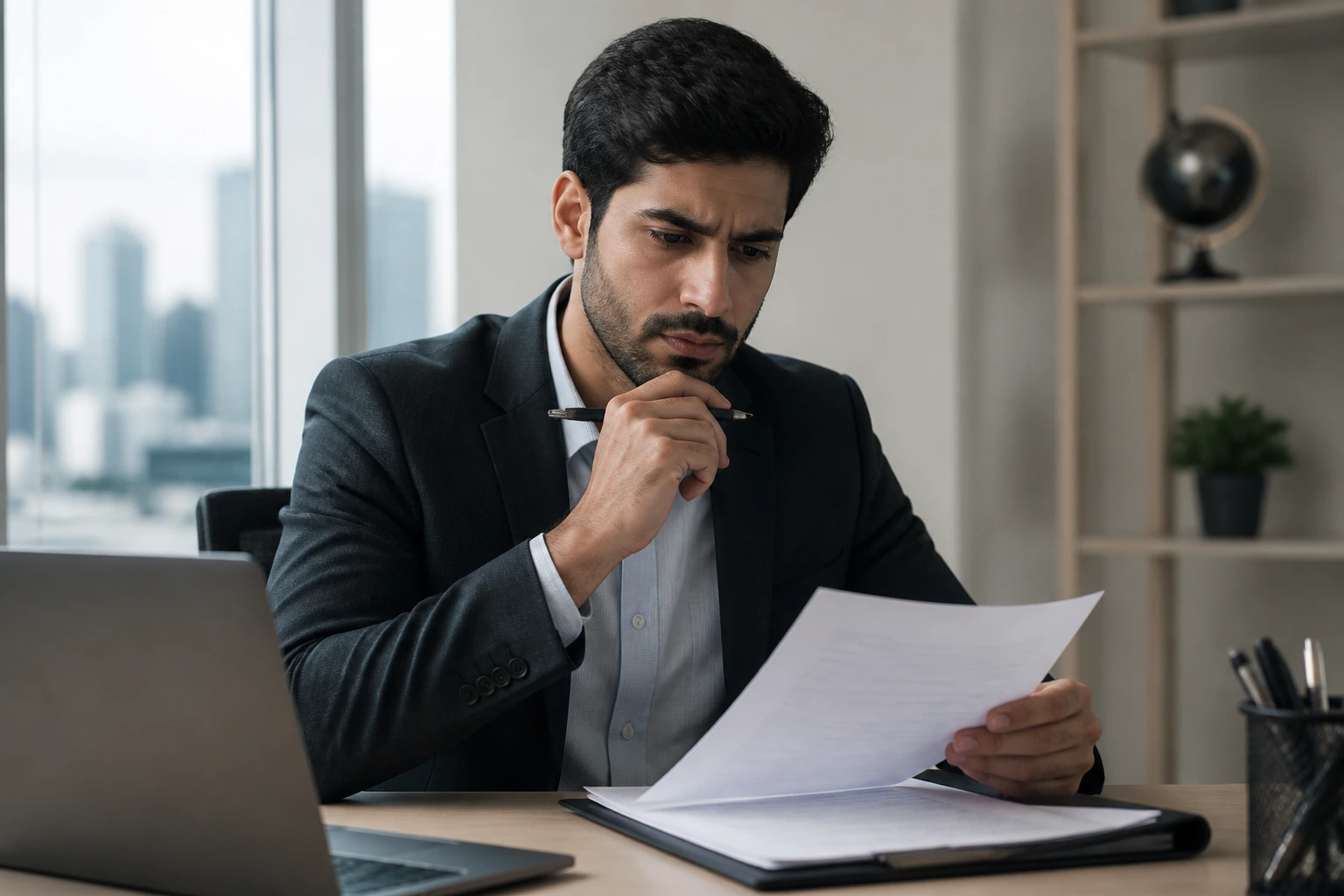 Close-up of a candidate evaluating documents in an office, illustrating sponsorship roadblocks