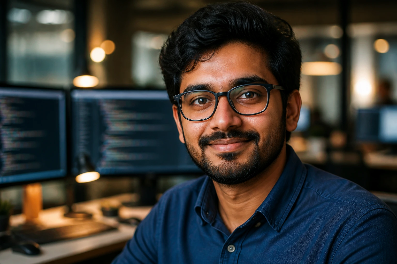 Close-up portrait of a software engineer in a tech office