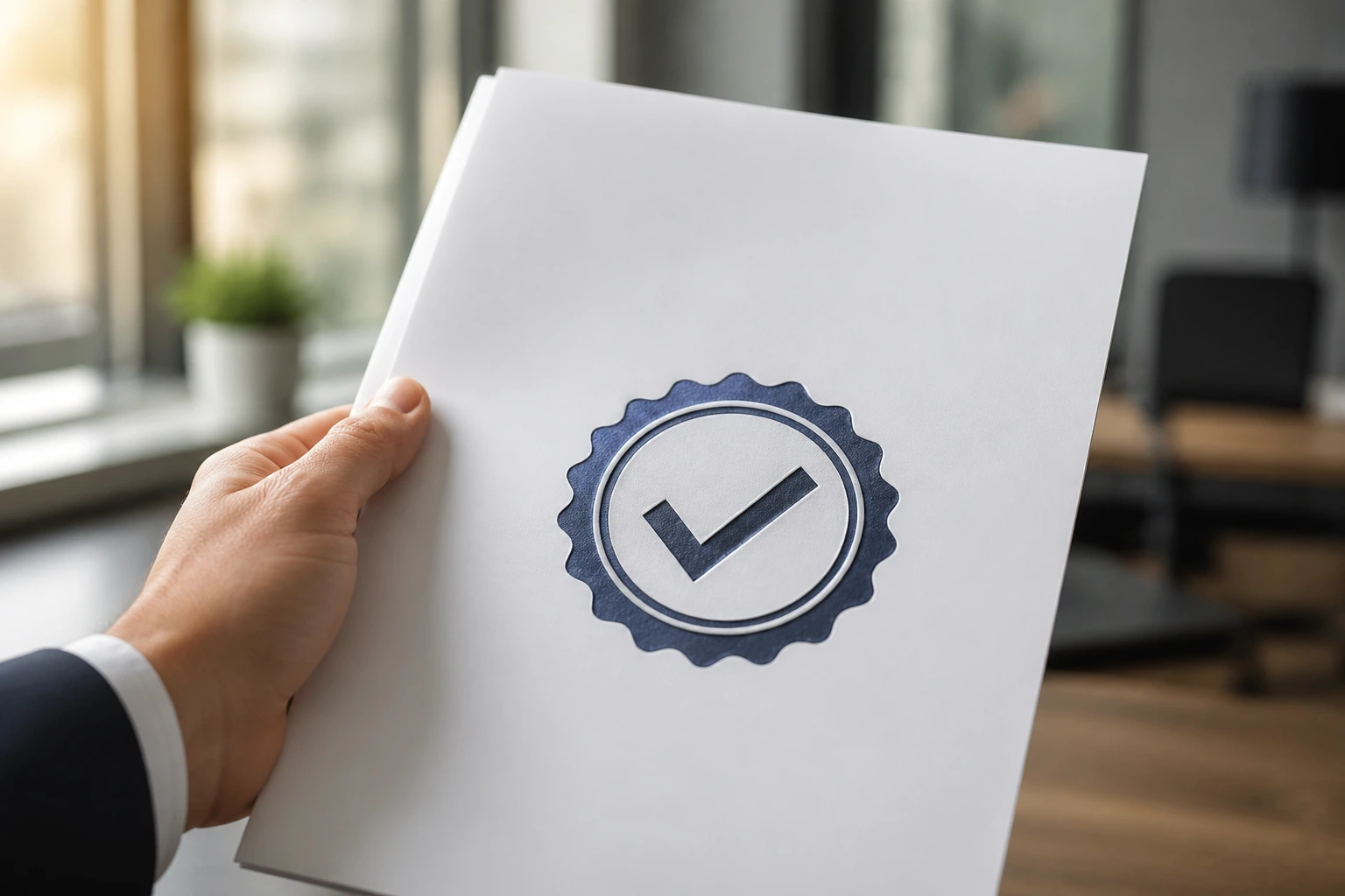 Close-up of a hand presenting a blank document with a seal symbol, implying a legitimate sponsorship offer