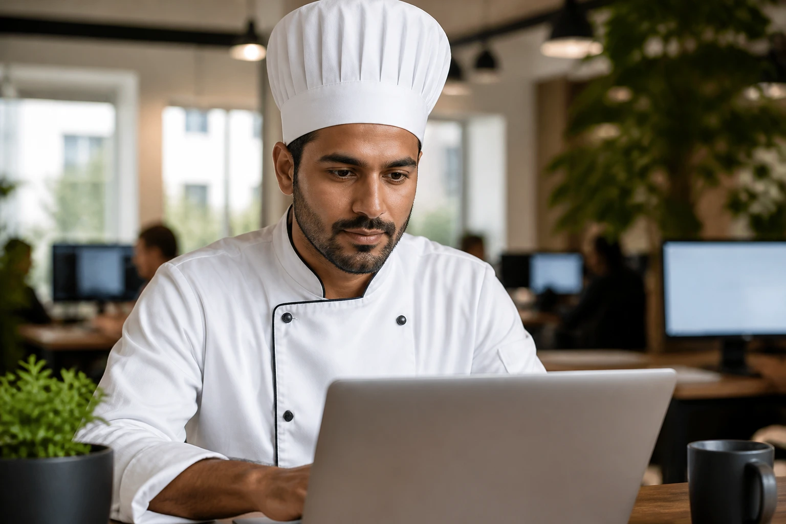 Chef browsing sponsorship opportunities on a laptop in a modern cafe