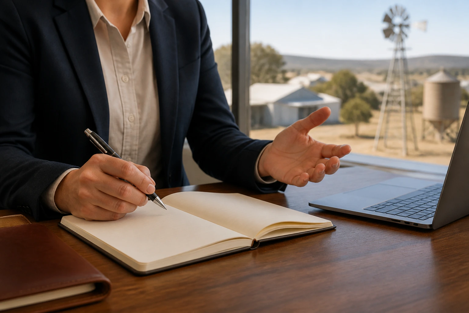 Hands and notebook on a desk in a regional office