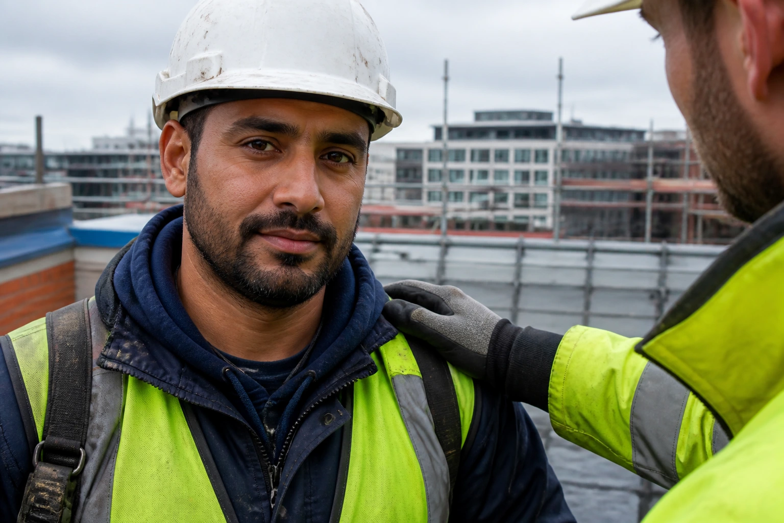 Close-up of overseas roofer on a UK roof with a supervising foreman