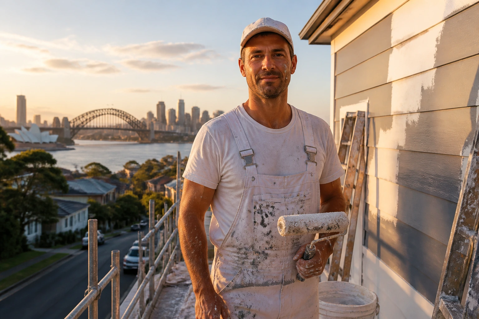 Painter on site with Australian city/regional backdrop illustrating sponsorship job locations.