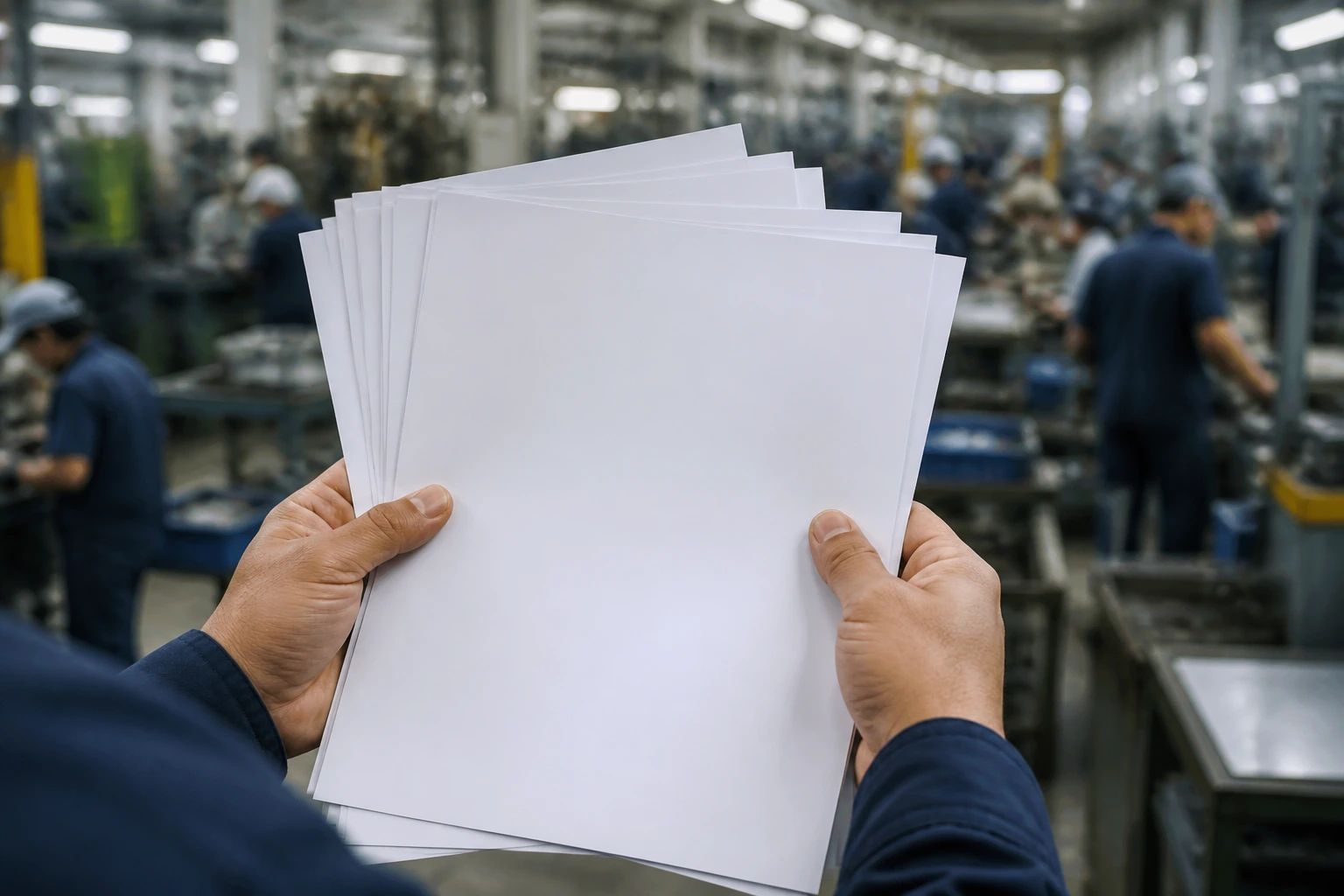 Close-up of hands holding blank forms in a bustling factory, illustrating sponsorship challenges