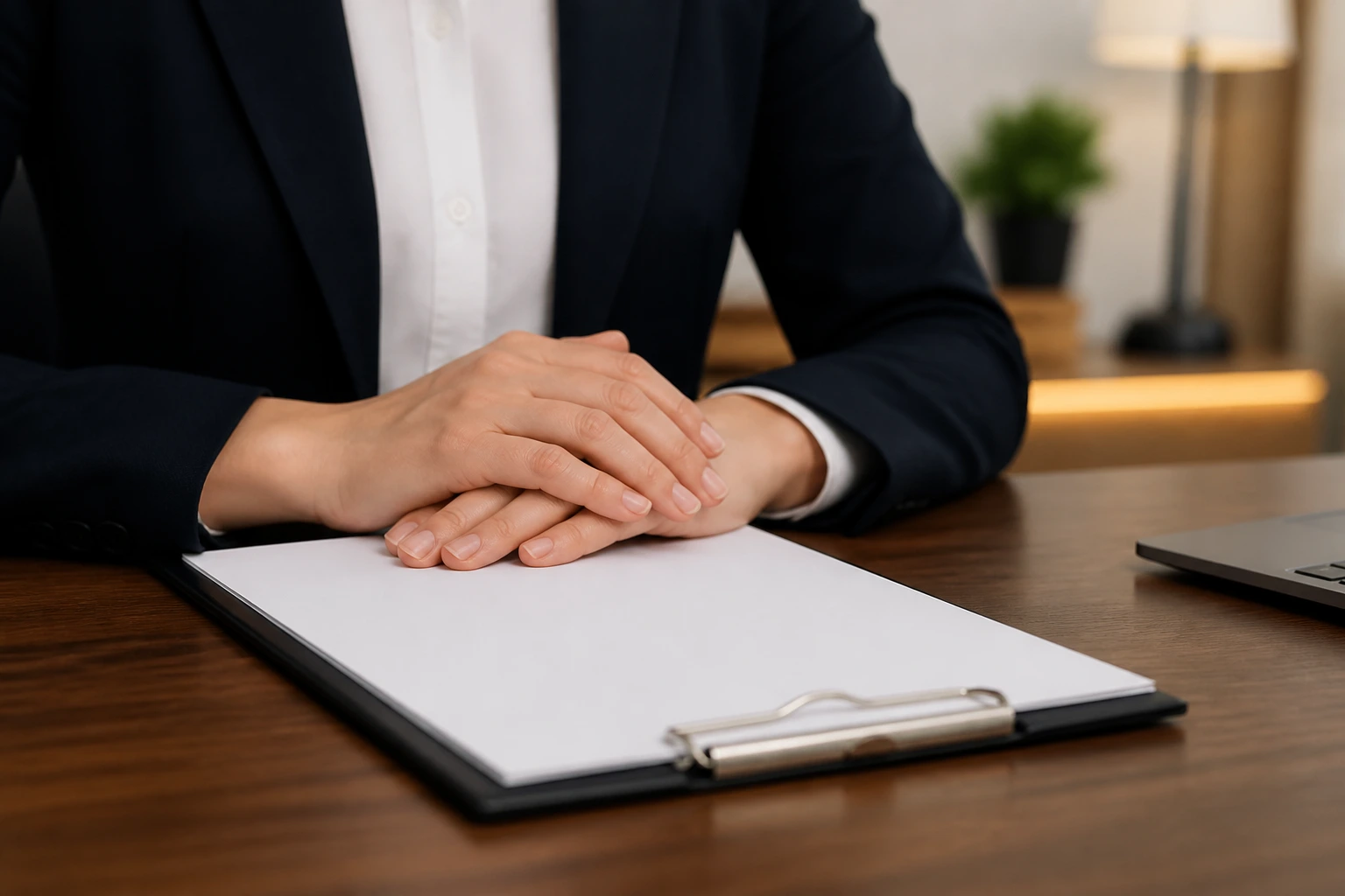 Hands on desk with blank contract document in a quiet office
