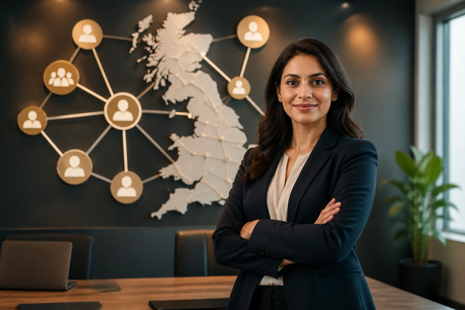 Professional in a boardroom with a network diagram indicating sponsorship partnerships