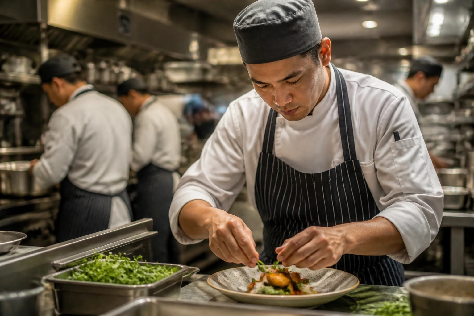 Determined cook in a busy kitchen training in anticipation of sponsorship
