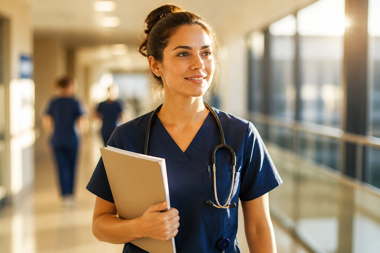 Nurse walking through sunlit hospital corridor symbolizing sponsorship to PR pathway