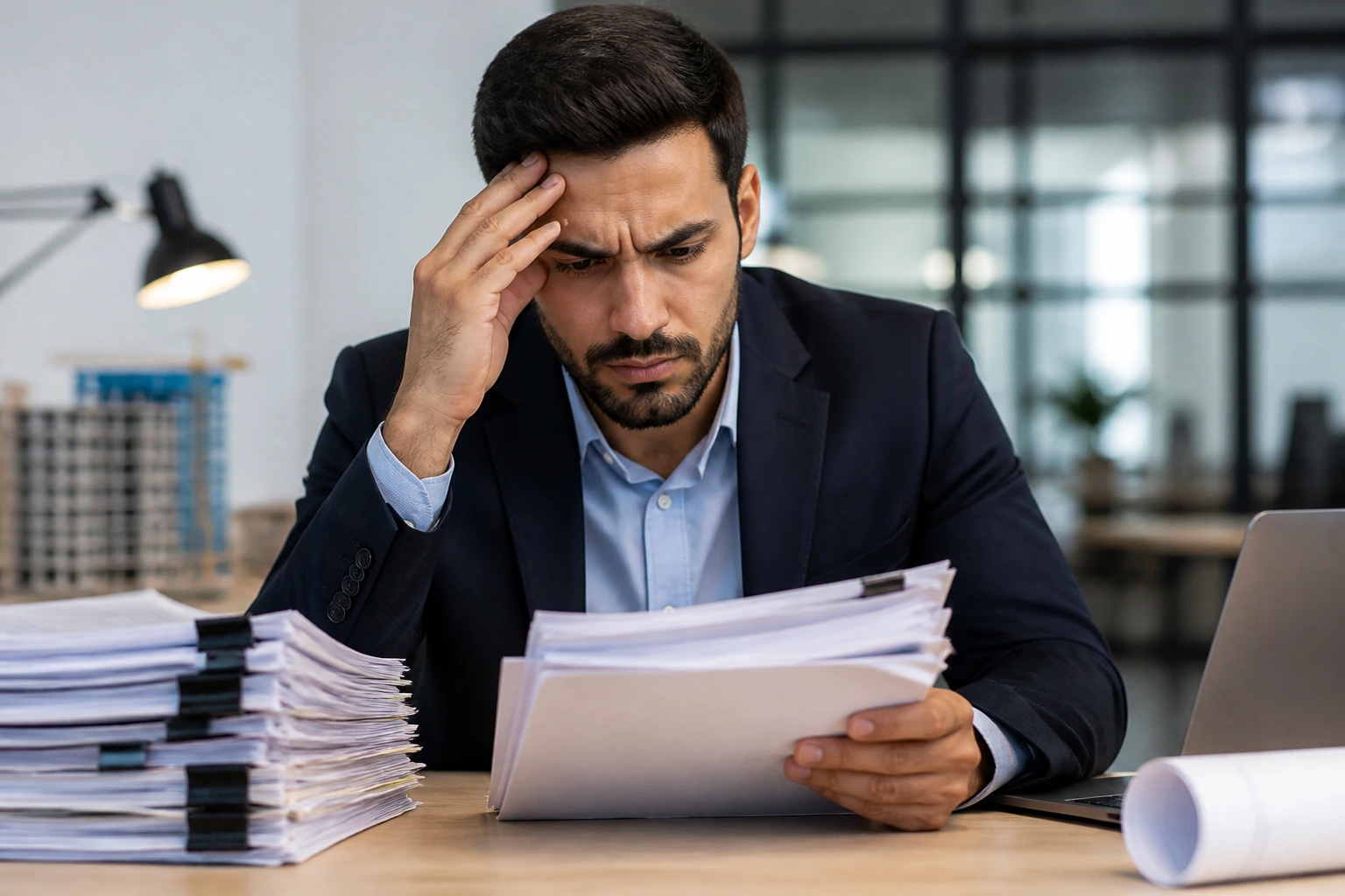 Concerned professional reviewing documents for sponsorship application pitfalls