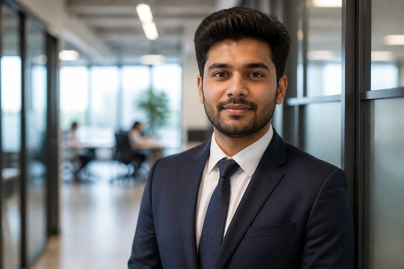 Portrait of a foreign worker in office attire in a modern workspace