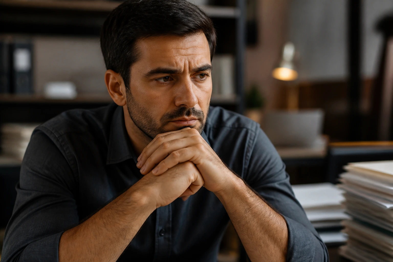 Close-up of a thoughtful person in an office, representing sponsorship considerations