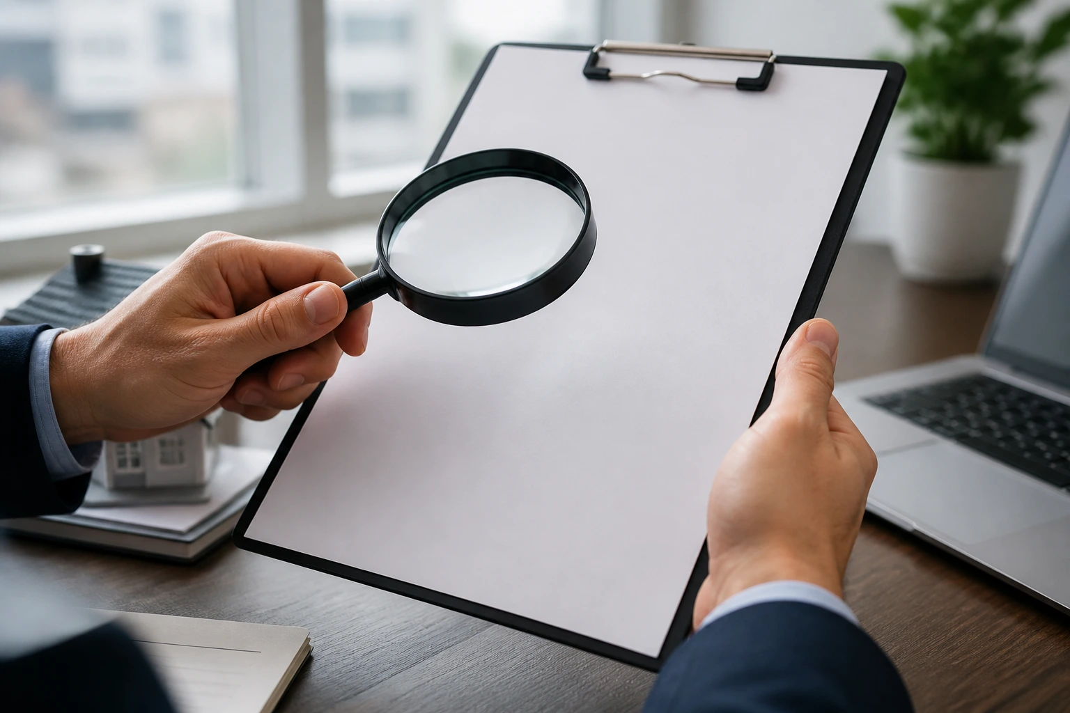 Close-up of hands with magnifying glass over a text-free job posting sheet, signaling sponsorship clues