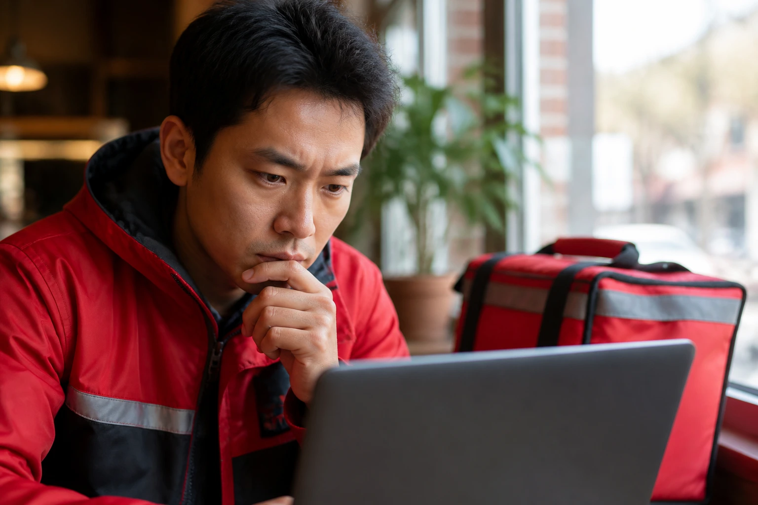 Person reading a laptop screen with blurred icons