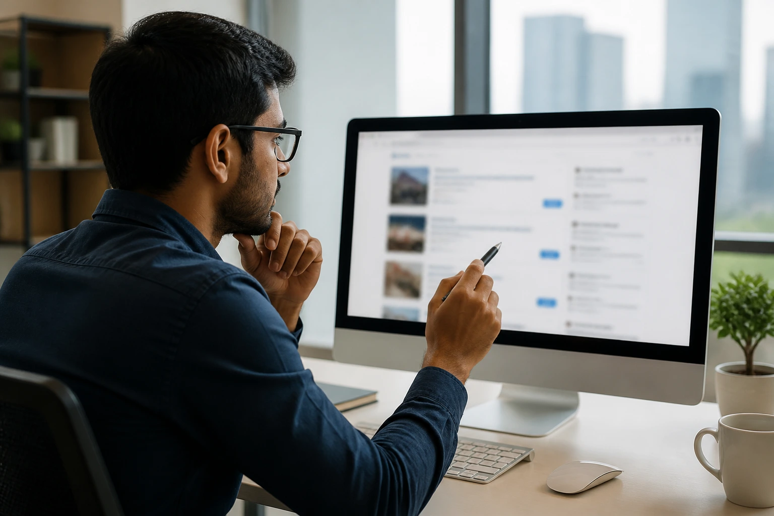Job seeker reviewing sponsorship-friendly postings on a computer with blurred screen.