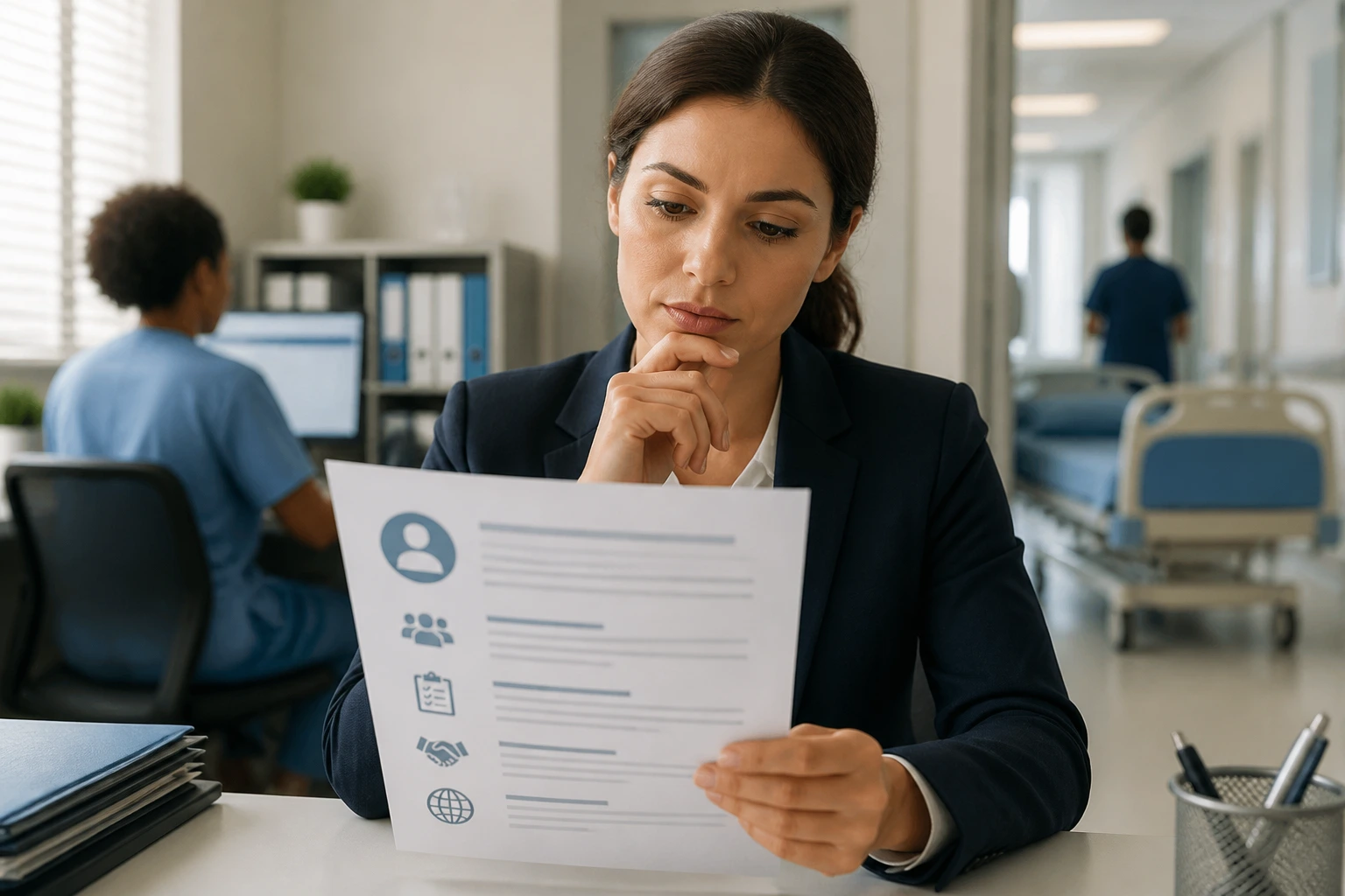 Portrait of a recruiter examining a desk document with blurred lines in an HR setting near a hospital.