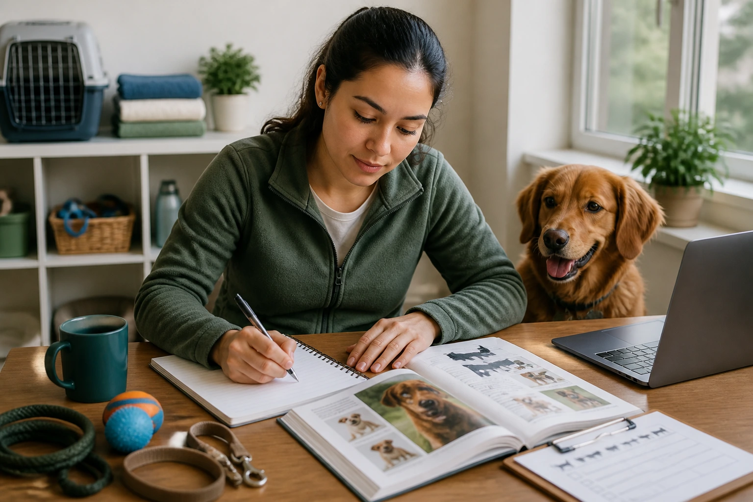 Portrait of a person studying dog-care training materials with a dog nearby
