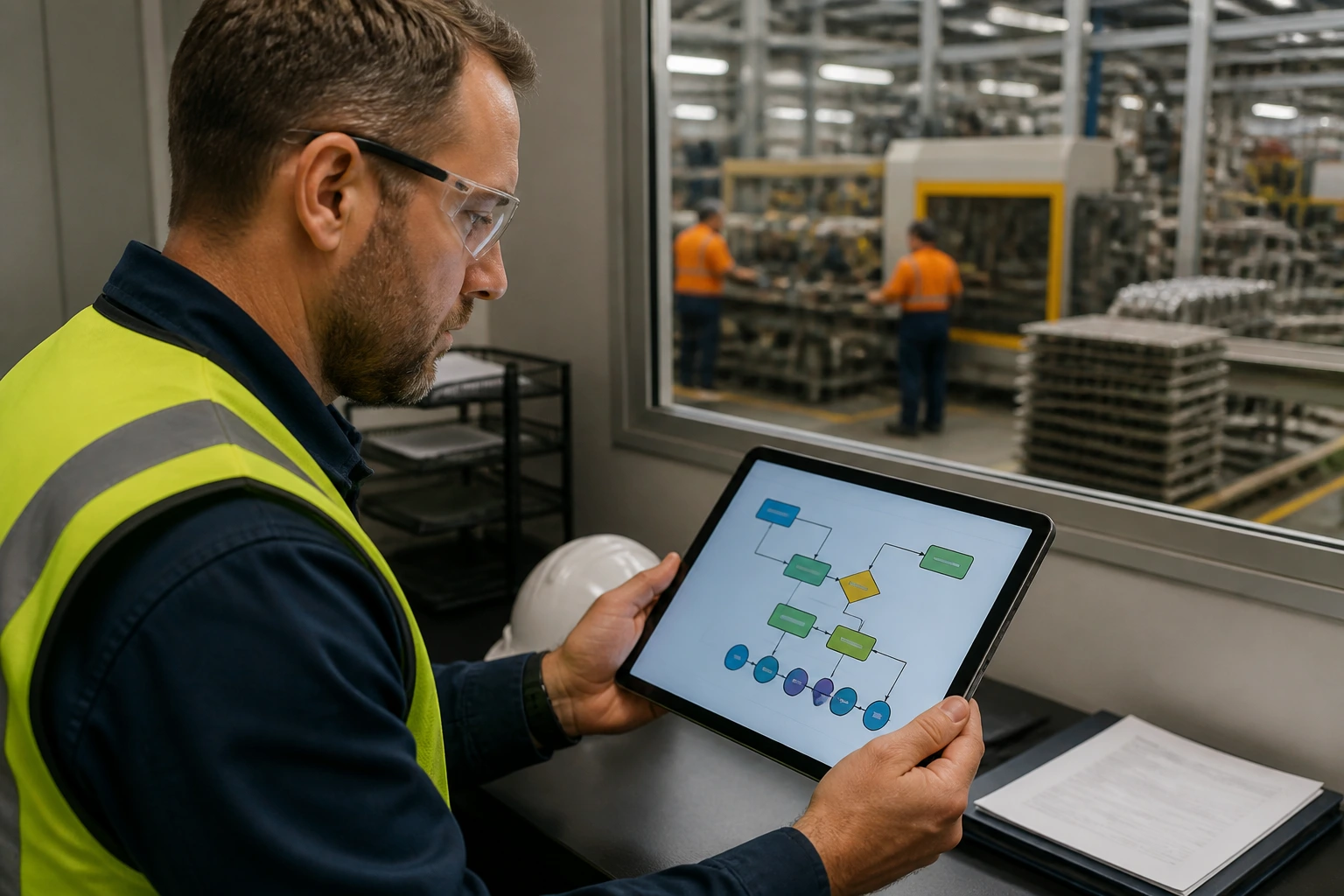 Worker in PPE examining a tablet beside the production floor, illustrating behind-the-scenes sponsorship