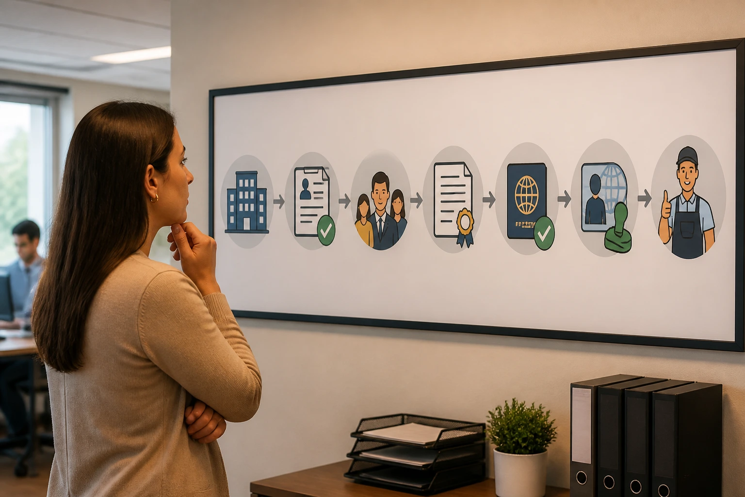 Person reviewing a flowchart illustrating sponsorship steps in an HR setting