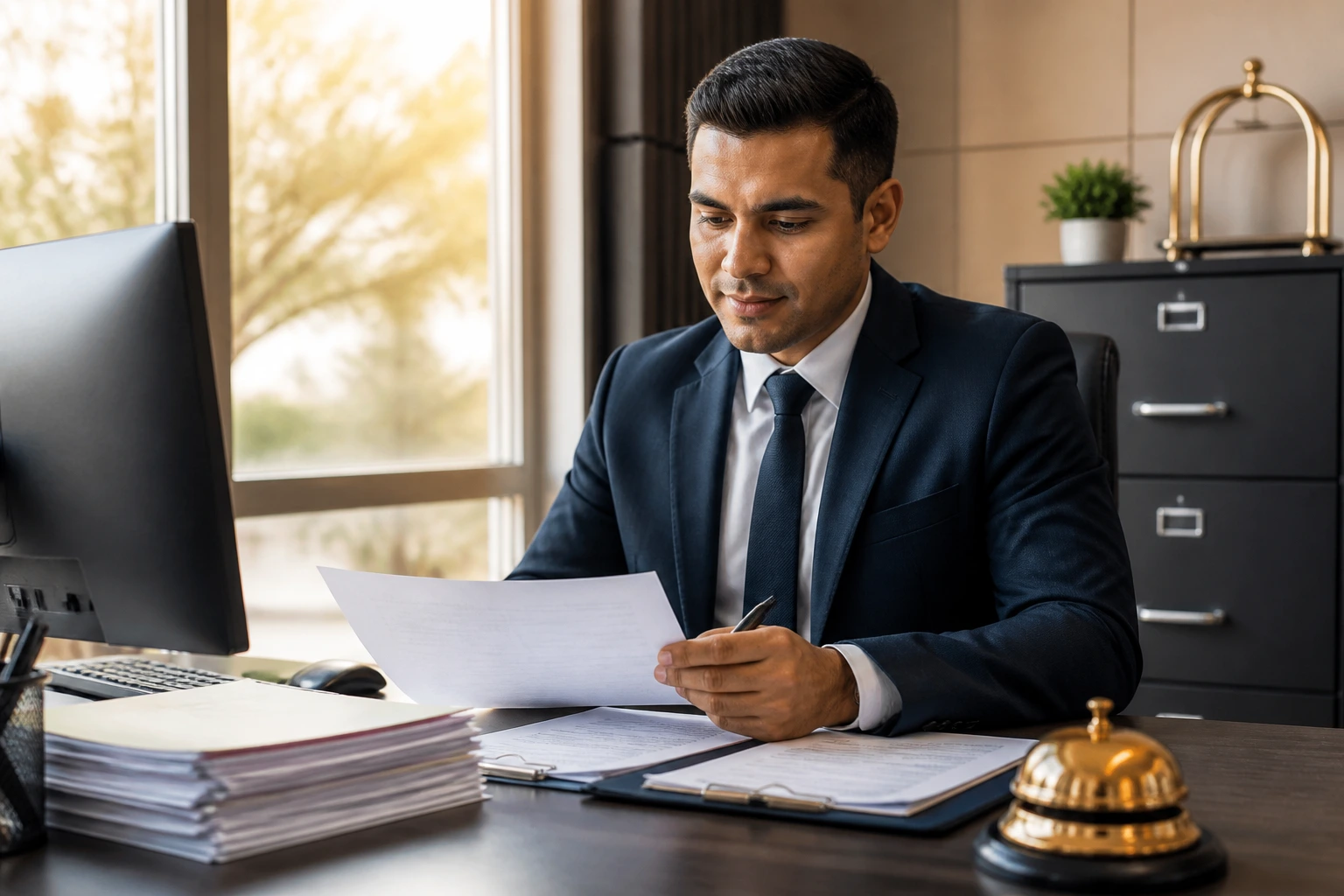 Medium close-up of a professional reviewing sponsorship documents at a desk in an office