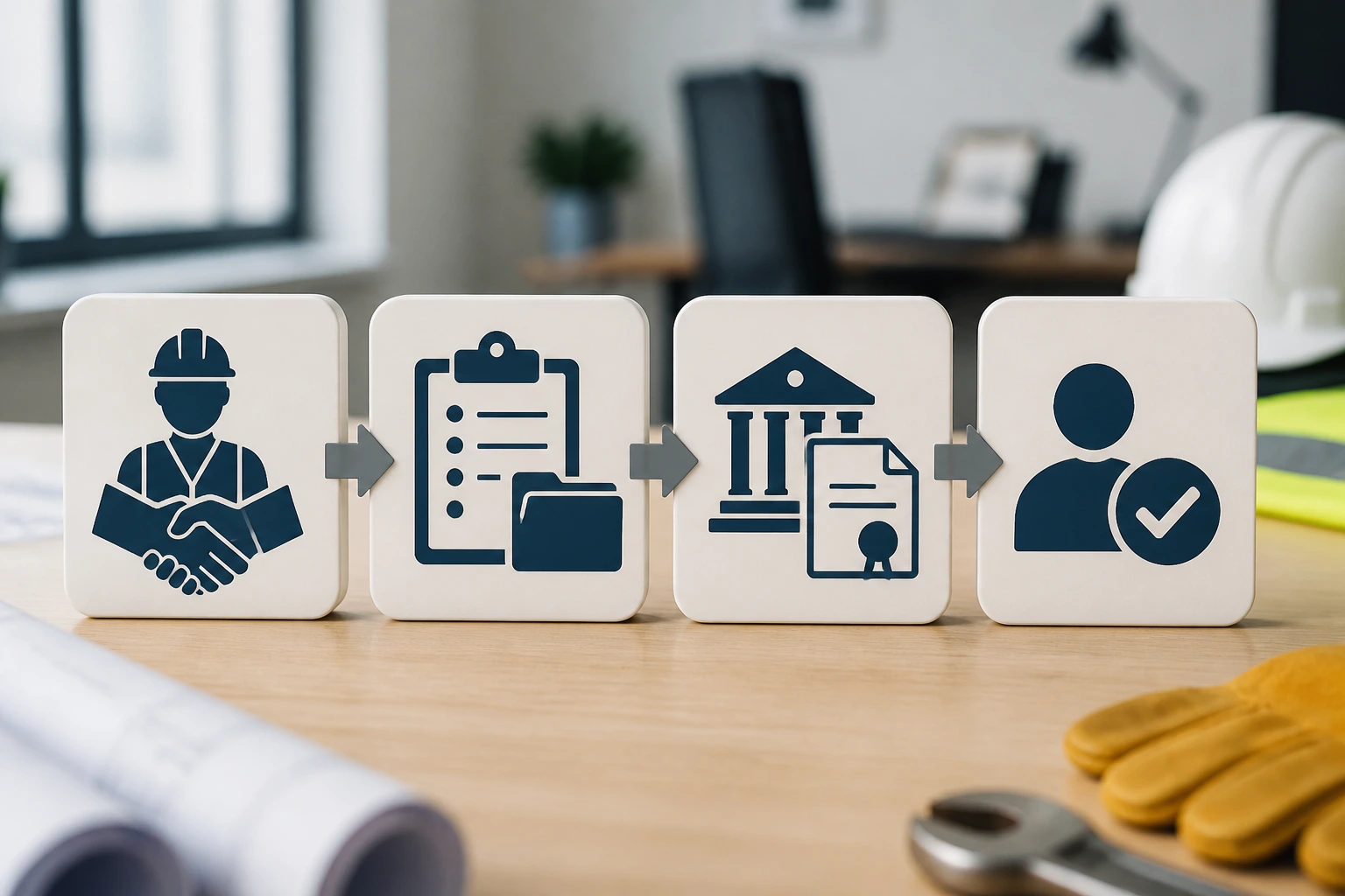 Abstract icons depicting steps of the sponsorship process on a desk