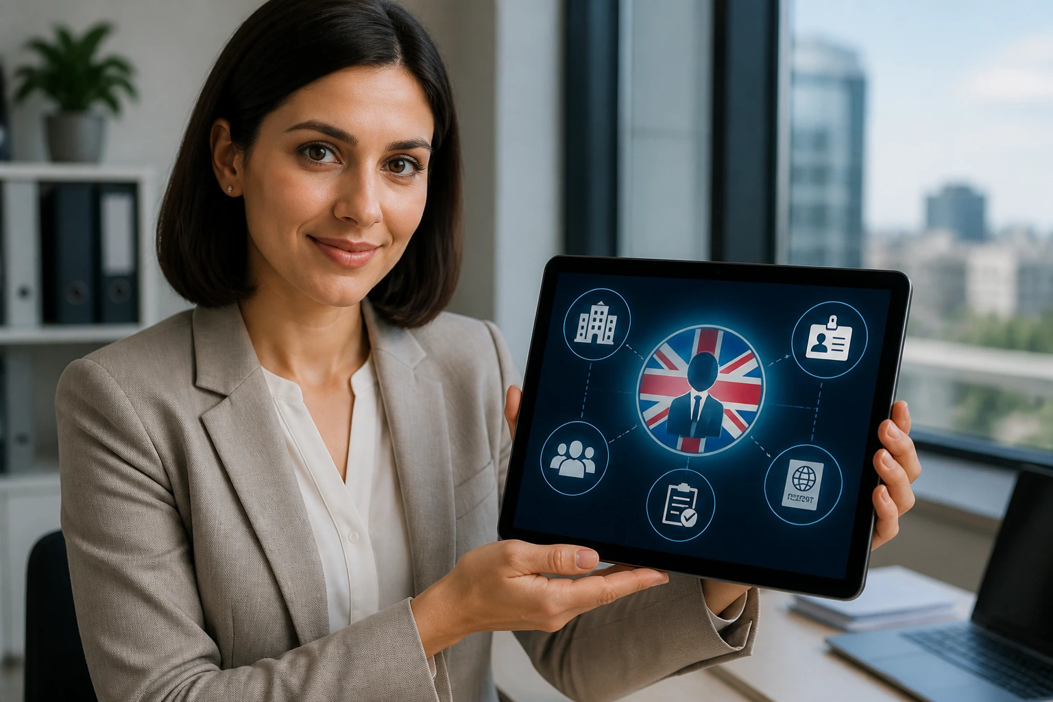 Business professional with tablet showing sponsorship process icons in a modern office