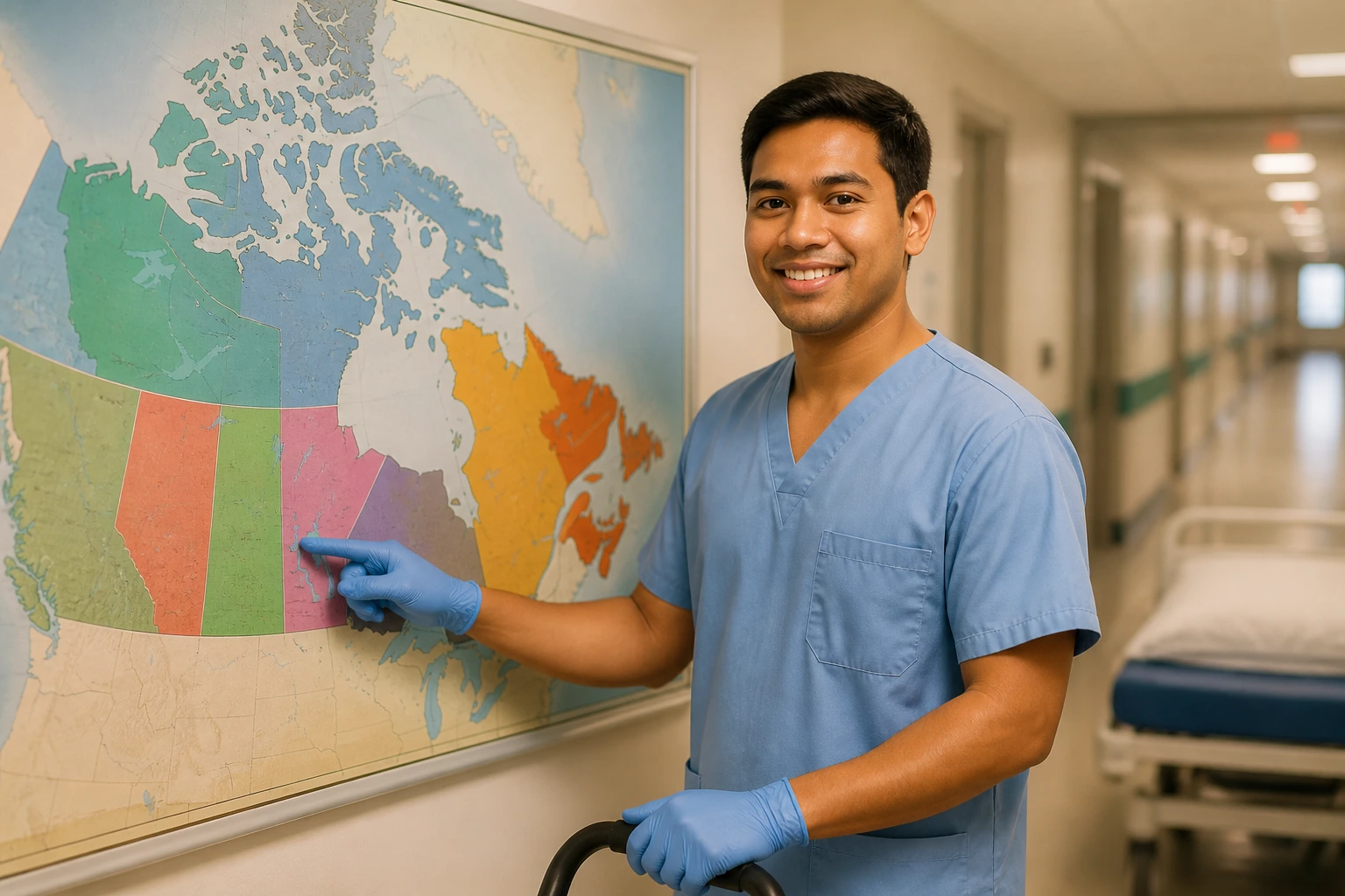 Person in front of a color-highlighted Canada map showing sponsorship opportunities.