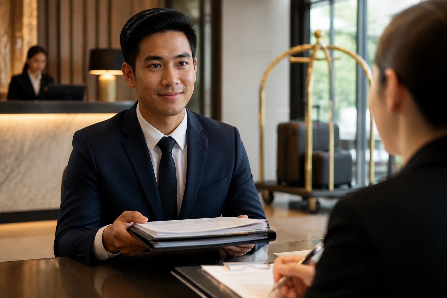 Confident applicant in hotel HR setting ready for sponsorship considerations