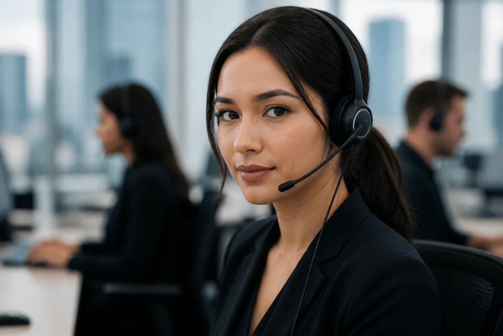 Professional call centre agent with headset in a modern office