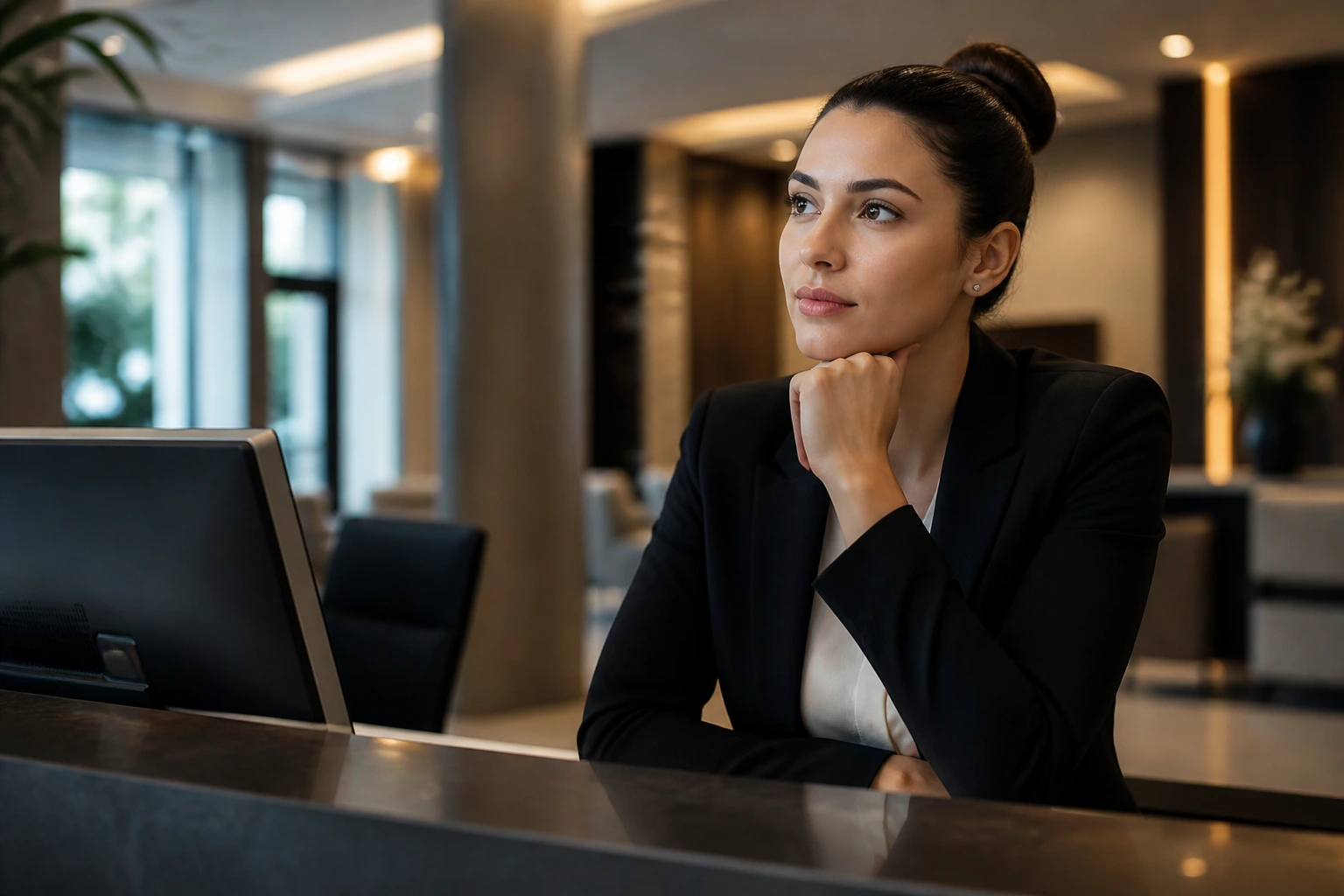 Receptionist at a desk representing sponsorship process in an office