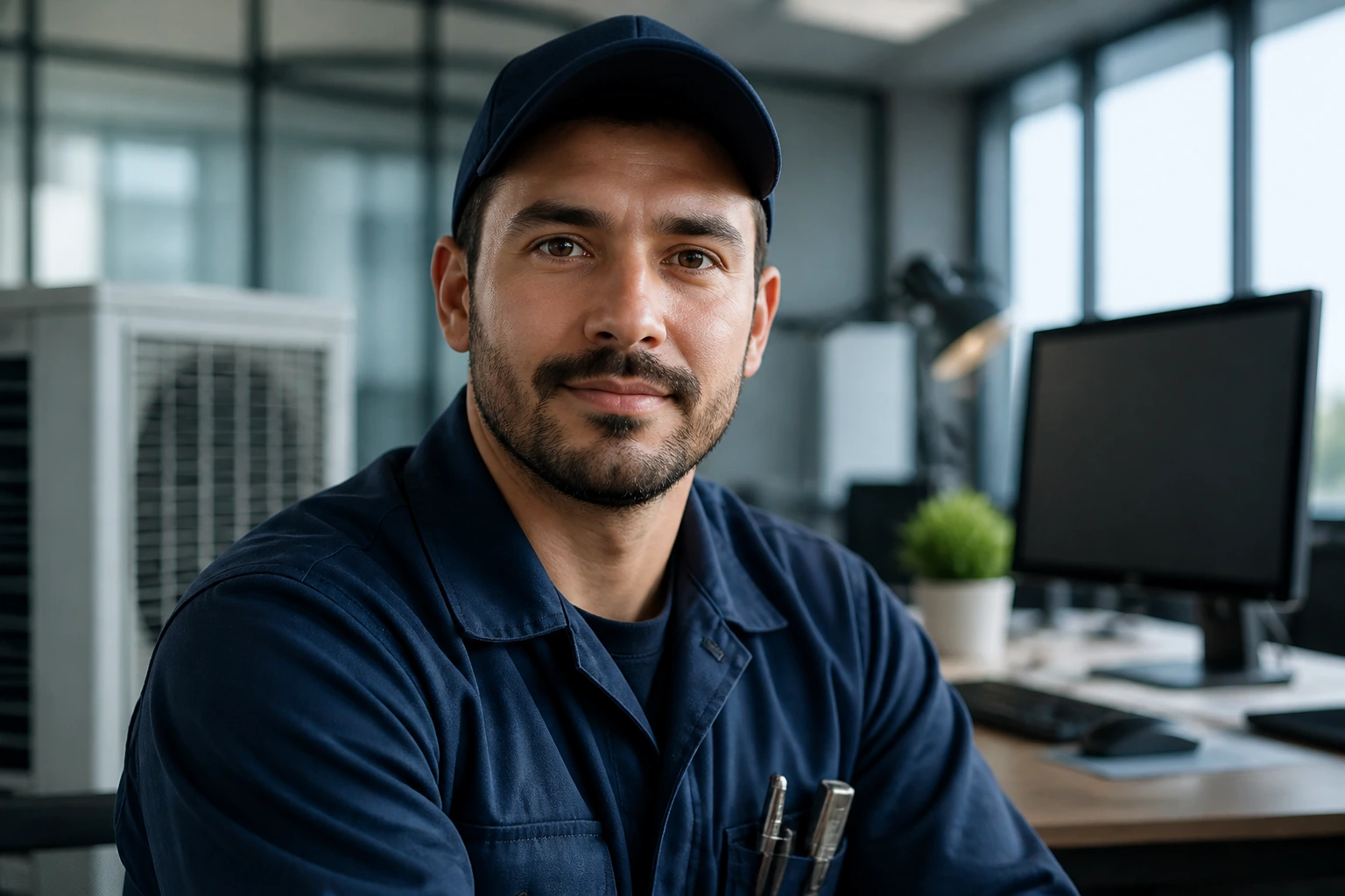 HVAC technician evaluating sponsorship offers in an office