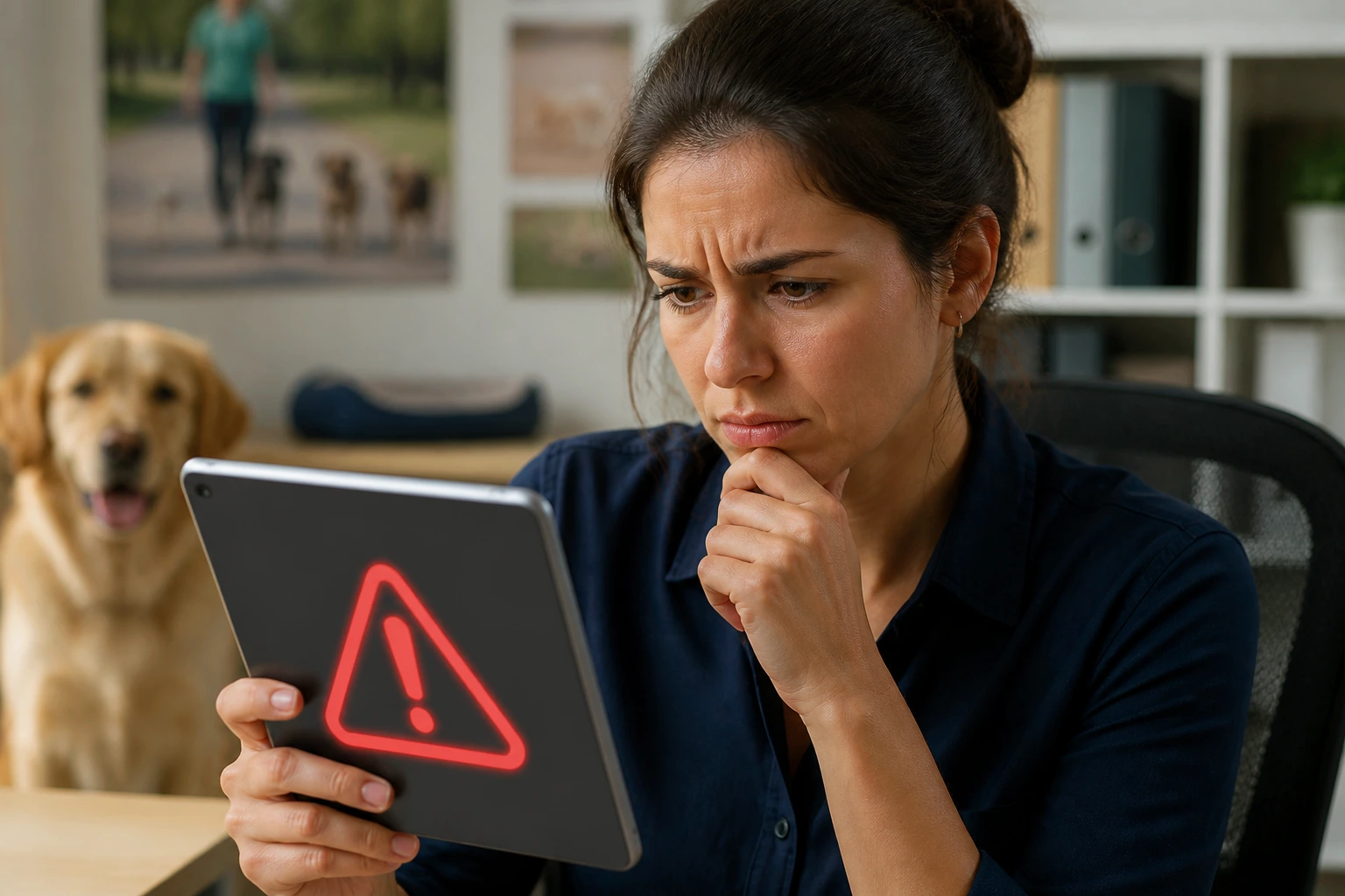 Portrait of a person in an office examining a tablet with a red warning icon to symbolize sponsorship red flags