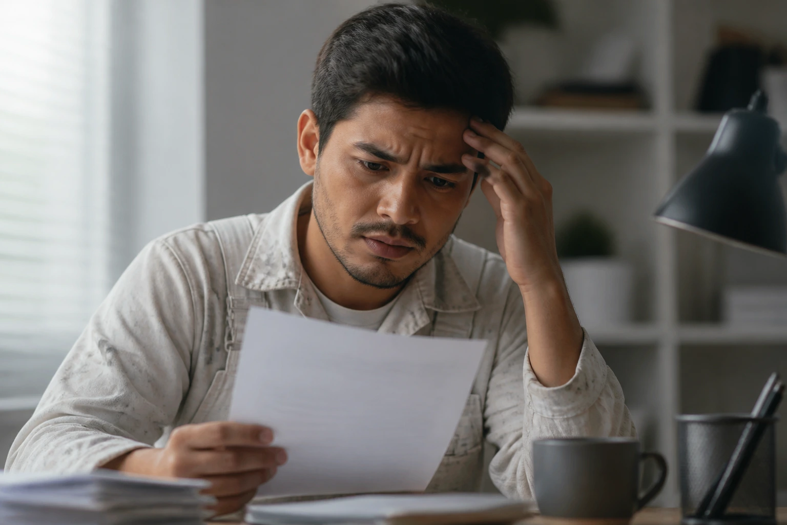 Concerned job seeker evaluating sponsorship offer in an office setting