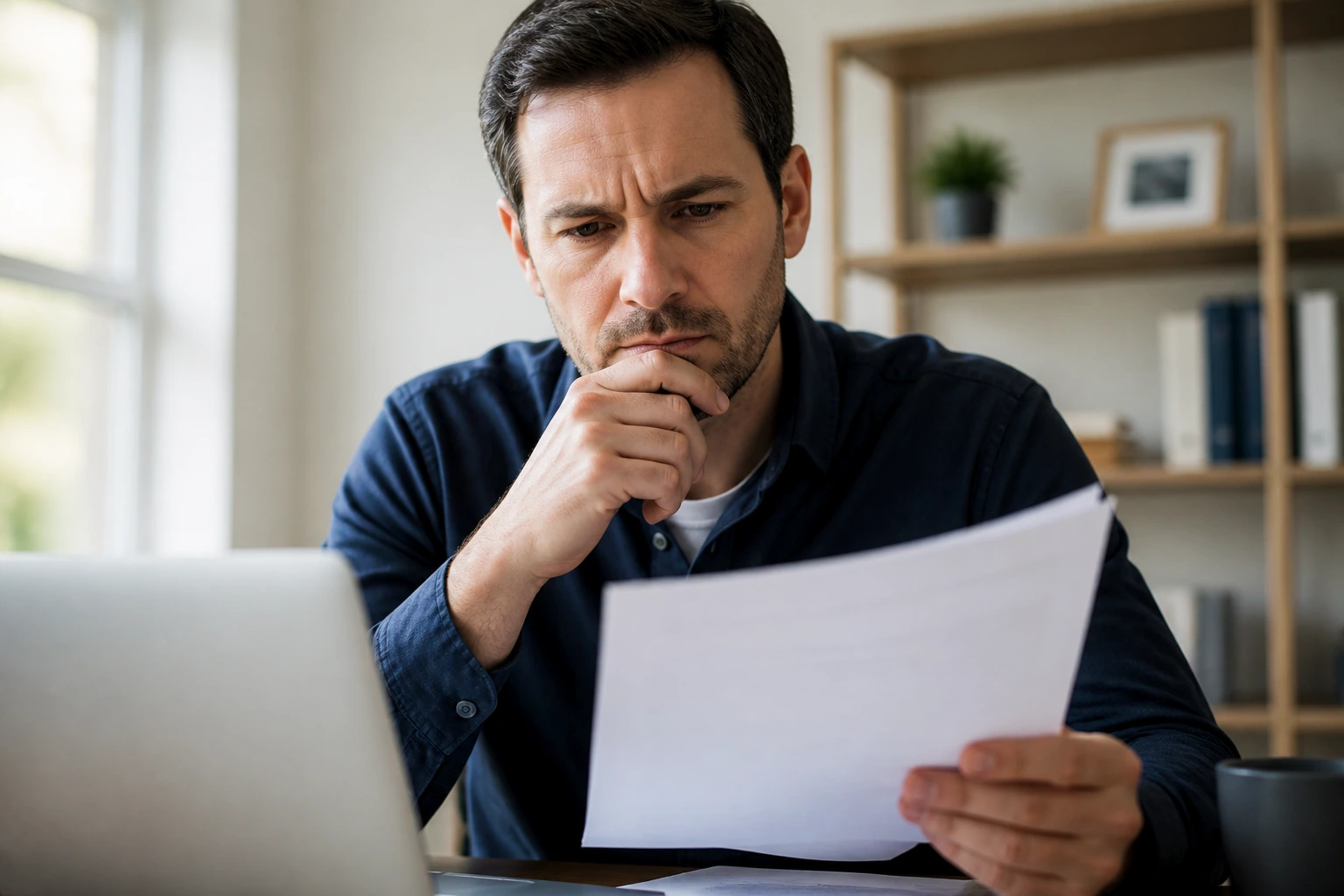 Cautious professional reviewing sponsorship documents in a home office